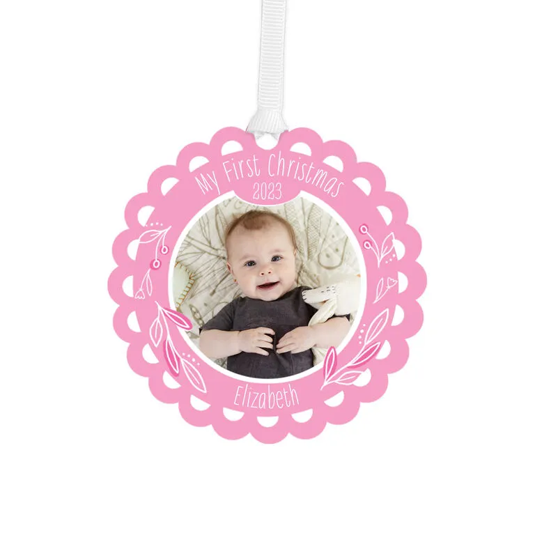 Hallmark Baby’s First Christmas Pink Scalloped Personalized Text And Photo Metal Ornament 1 Hallmark Baby’s First Christmas Pink Scalloped Personalized Text And Photo Metal Ornament