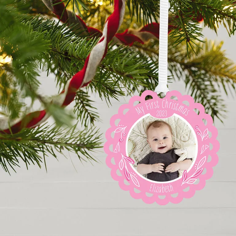 Hallmark Baby’s First Christmas Pink Scalloped Personalized Text And Photo Metal Ornament 2 Hallmark Baby’s First Christmas Pink Scalloped Personalized Text And Photo Metal Ornament - Image 2