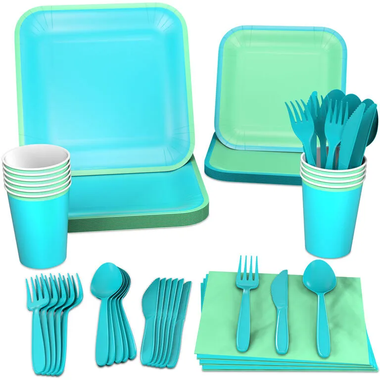 Hallmark Color Pop 96-Piece Tableware Basics Party Kit, Sea Green And Aqua 1 Hallmark Color Pop 96-Piece Tableware Basics Party Kit, Sea Green And Aqua