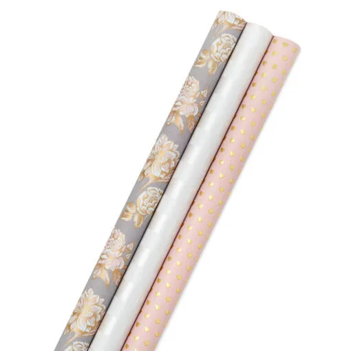 Hallmark Pink And Gray 3-Pack Wrapping Paper, 85 Sq. Ft. Total -Hot Sale Hallmark Store Pink and Gray 2 Standard 1 Foil 3Pack Gift Wrap 5EWR6421 01