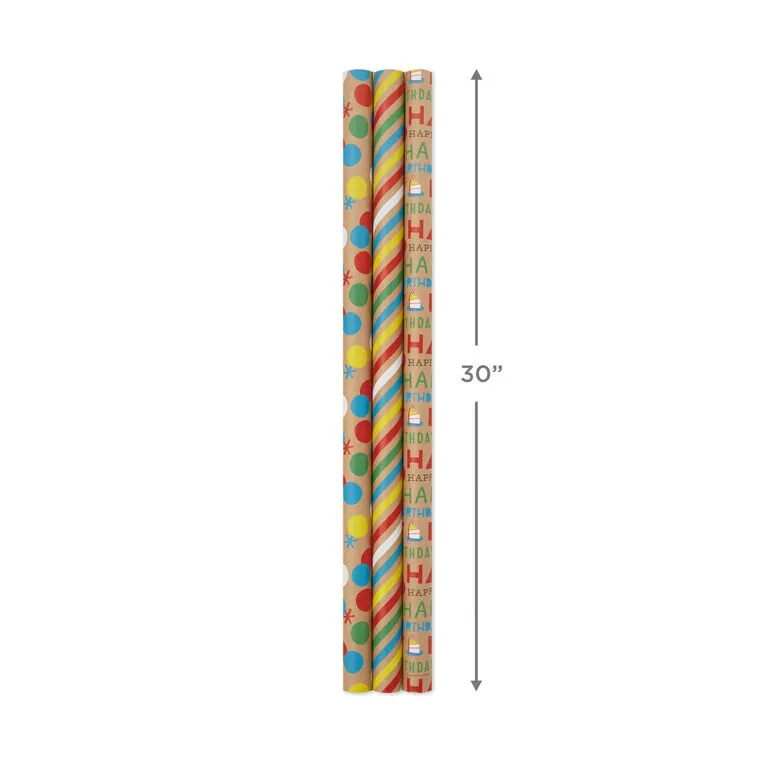 Hallmark Primary Birthday 3-Pack Kraft Wrapping Paper, 105 Sq. Ft. Total 3 Hallmark Primary Birthday 3-Pack Kraft Wrapping Paper, 105 Sq. Ft. Total - Image 3