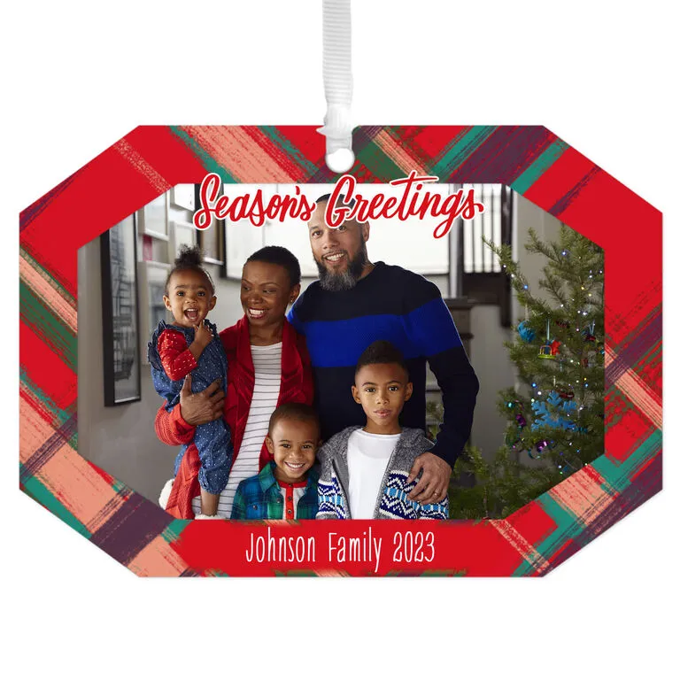Hallmark Red Plaid Personalized Text And Photo Metal Ornament 1 Hallmark Red Plaid Personalized Text And Photo Metal Ornament