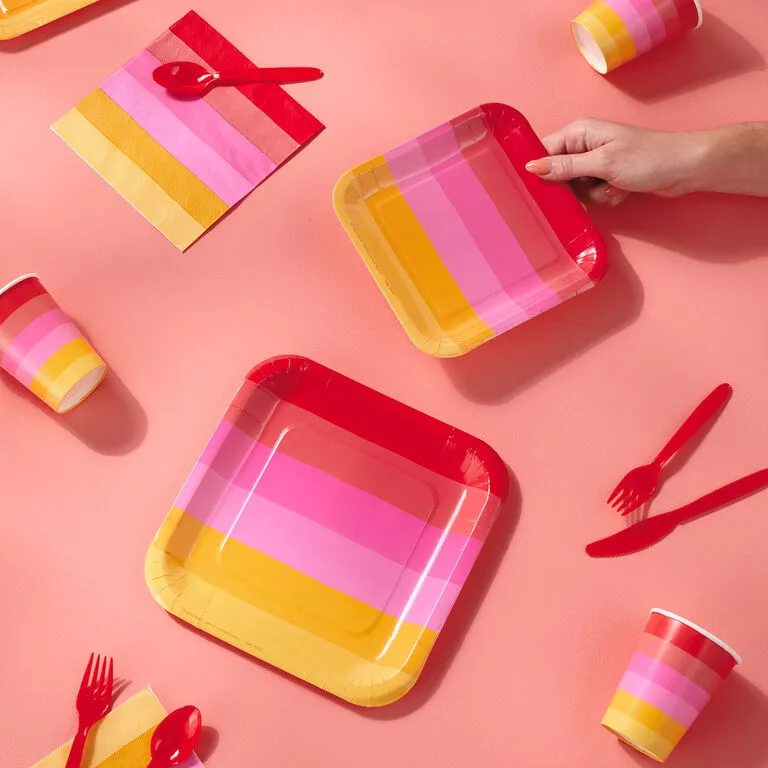 Hallmark Color Pop 96-Piece Tableware Basics Party Kit, Warm Ombré Stripe 3 Hallmark Color Pop 96-Piece Tableware Basics Party Kit, Warm Ombré Stripe - Image 3